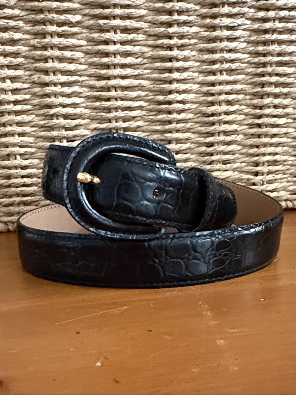 Talbots Black Croc-Embossed Leather Belt with Gold-Tone Buckle